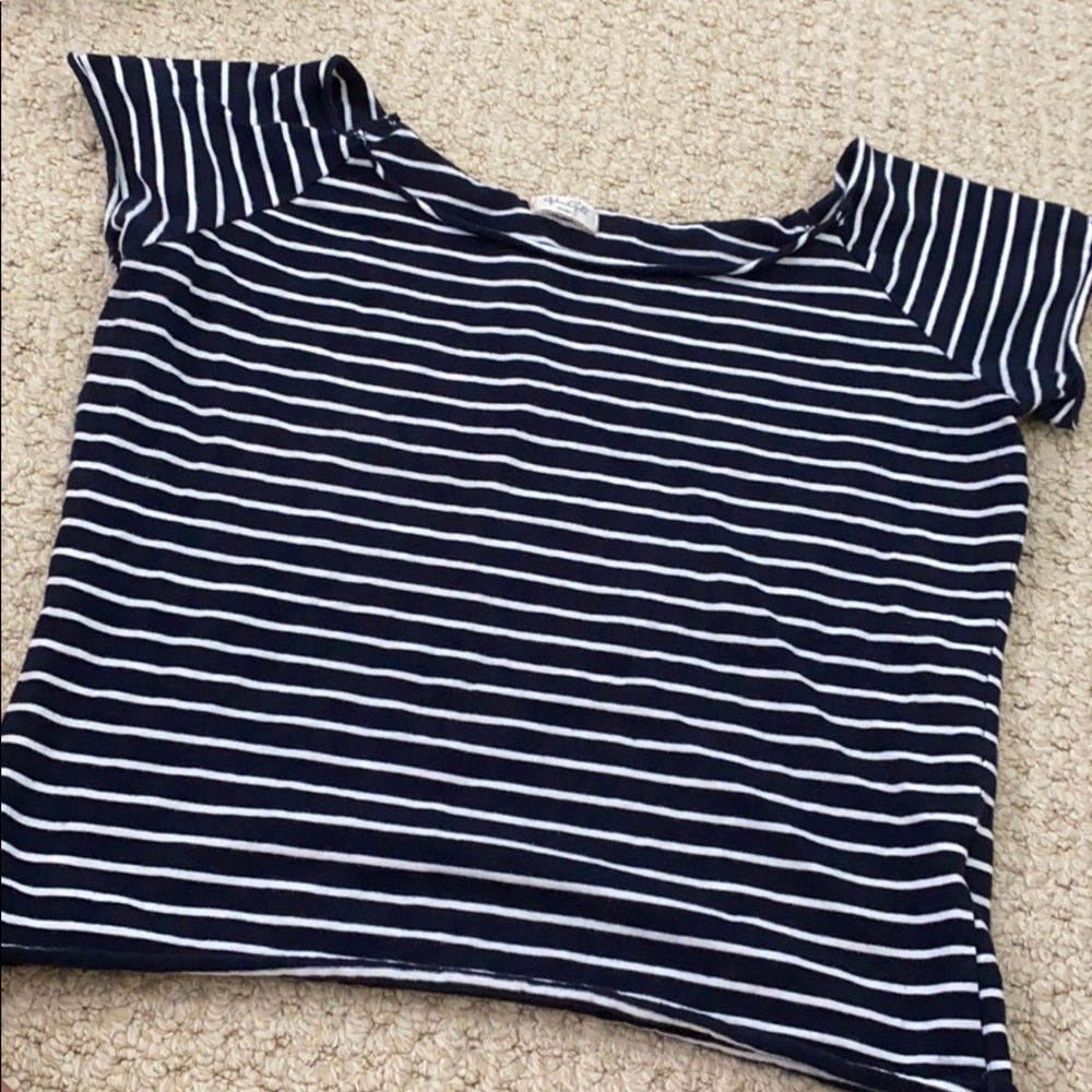 extra small blue striped crop top off the shoulder